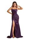 Elegant Mermaid Spaghetti Straps Side Slit Soft Satin Pretty Long Bridesmaid Dresses