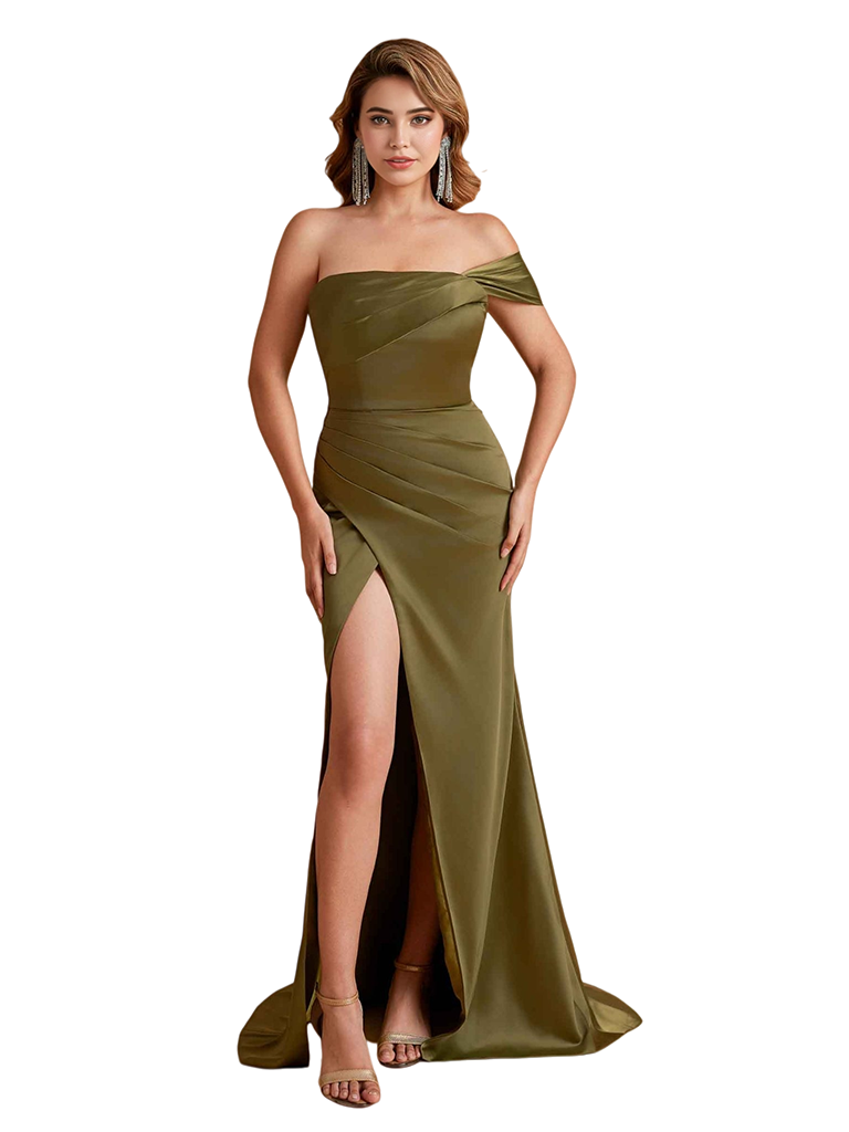 Sexy Silky Satin One Shoulder Mermaid Side Slit Ruched Long Bridesmaid Dresses