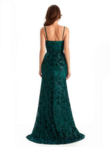 Sexy Spaghetti Straps Side Slit Mermaid Floral Velvet Long Modern Bridesmaid Dresses