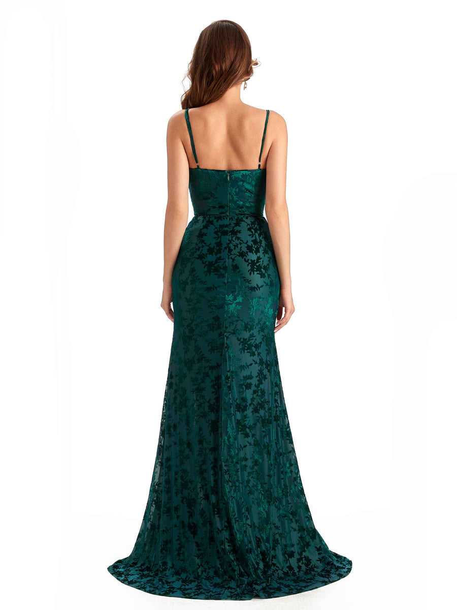 Sexy Spaghetti Straps Side Slit Mermaid Floral Velvet Long Modern Bridesmaid Dresses