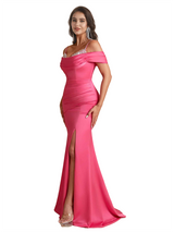 Elegant Cold Shoulder Mermaid Ruched Satin Long Bridesmaid Dresses Online Side Split