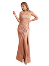 Sexy Silky Satin Spaghetti Straps Mermaid Side Slit Unique Floor Length Bridesmaid Dresses