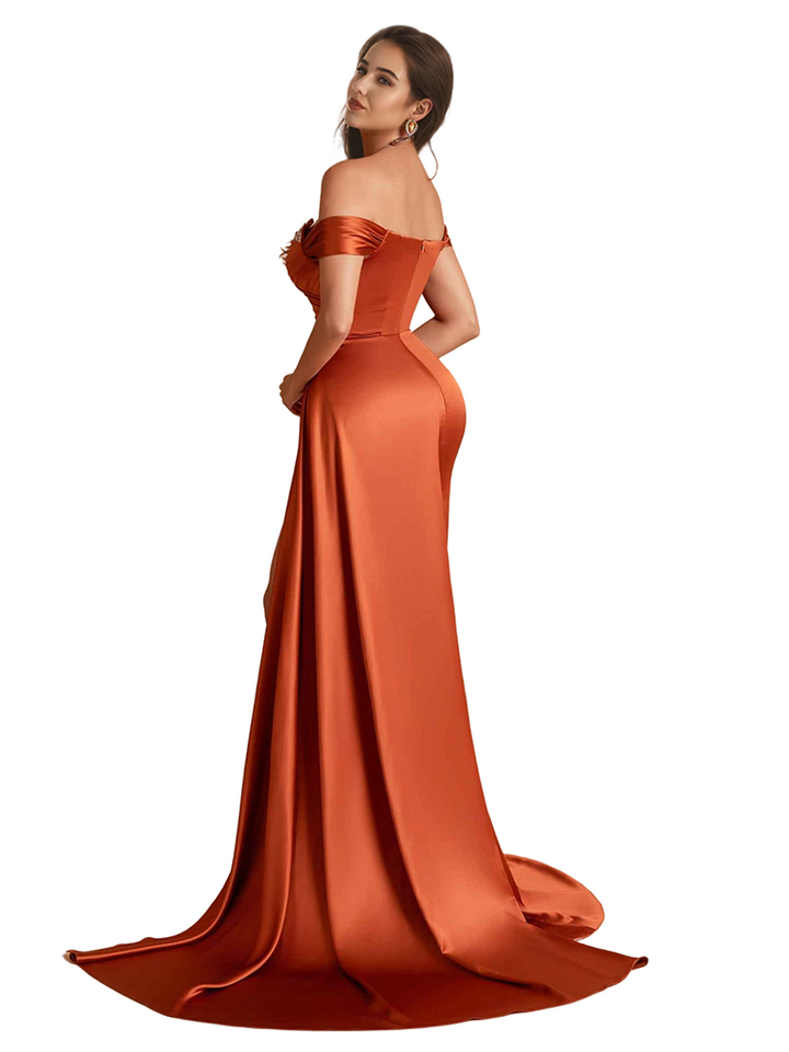 Sexy Off The Shoulder Beaded Mermaid Silky Satin  Long Bridesmaid Dresses Side Slit