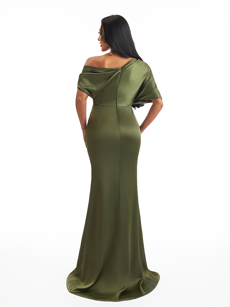 Asymmetrical One Shoulder Mermaid Stretch Satin Maxi Bridesmaid Dresses