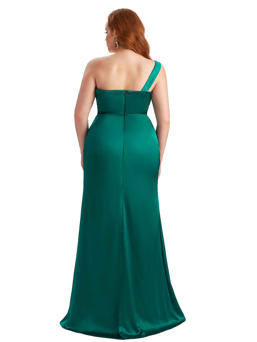 Plus Size Sexy One Shoulder Side Slit Mermaid Satin Long Bridesmaid Dress For Wedding