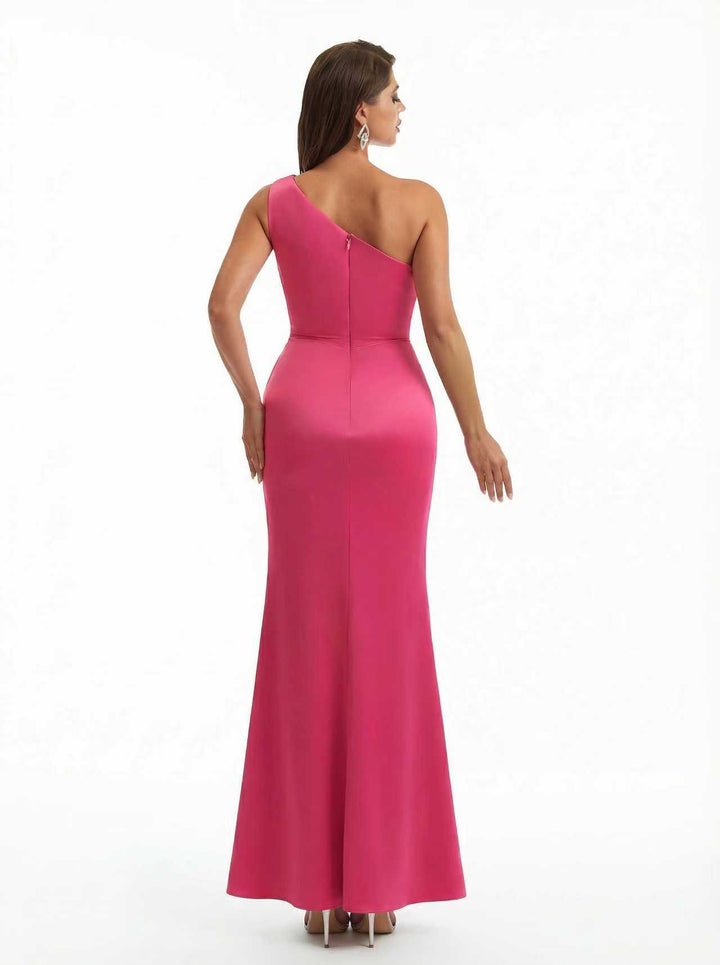 Sexy One Shoulder Sleeveless Ruched Mermaid Soft Satin Long Evening Dresses Side Slit