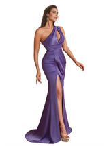 Sexy One Shoulder Mermaid Ruched Satin Unique Long Bridesmaid Dresses Side Split