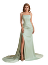 Elegant Spaghetti Straps Boning Soft Satin Mermaid Side Slit Long Bridesmaid Dresses