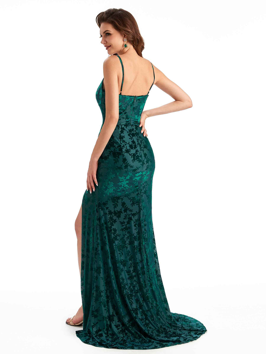 Sexy Spaghetti Straps Side Slit Mermaid Floral Velvet Long Modern Bridesmaid Dresses