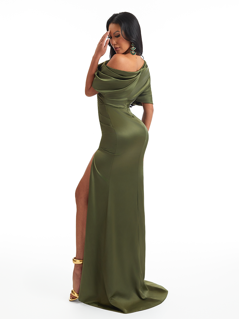 Asymmetrical One Shoulder Mermaid Stretch Satin Maxi Bridesmaid Dresses