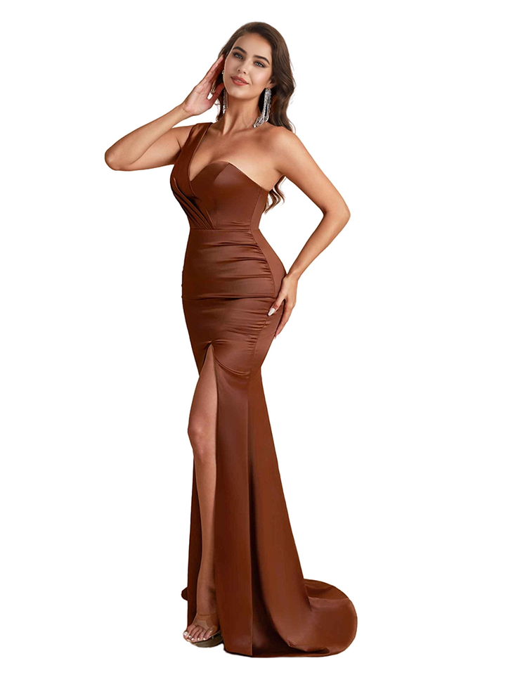 Elegant One Shoulder Silky Satin Mermaid Long Bridesmaid Dresses Side Slit