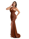 Elegant One Shoulder Silky Satin Mermaid Long Bridesmaid Dresses Side Slit