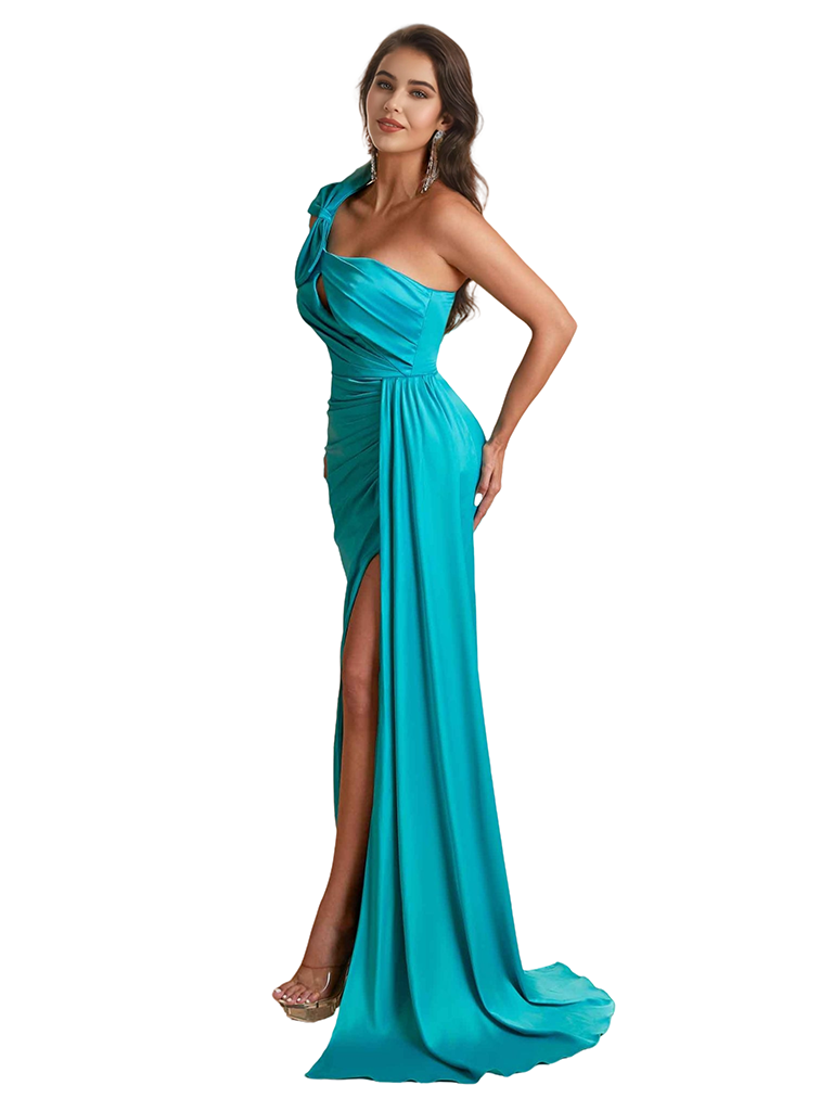 Sexy One Shoulder Bow Knot Side Split Mermaid Silky Satin Long Bridesmaid Dresses