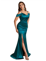 Sexy Cold Shoulder Ruched Silky Satin Side Split Mermaid Long Bridesmaid Dresses