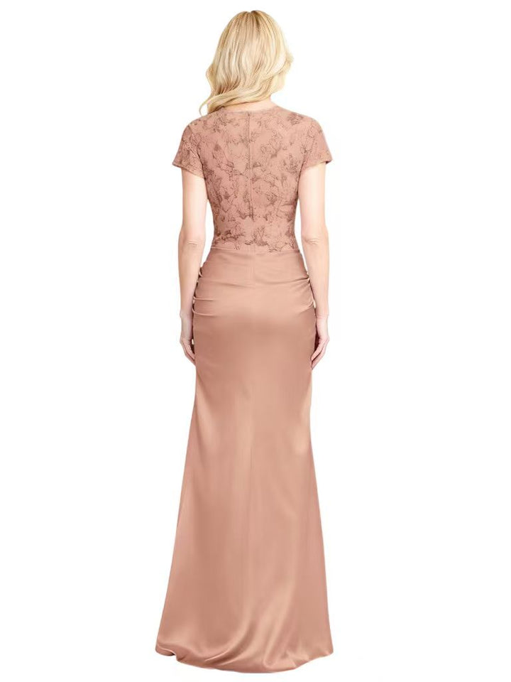 Elegant Side Slit Short Sleeves Satin Mermaid Floor-Length Mother Of The Bride Dresses