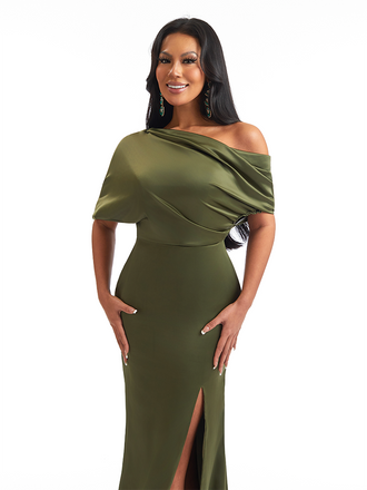 Asymmetrical One Shoulder Mermaid Stretch Satin Maxi Bridesmaid Dresses