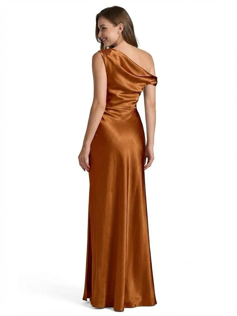 Chicsew Elegant Soft Satin Asymmetrical Formal Dress Ruched High Slit Maxi Gown for Wedding Guest