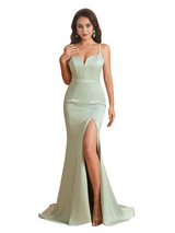 Sexy Silky Satin Spaghetti Straps Mermaid Side Slit Floor Length Bridesmaid Dresses Online