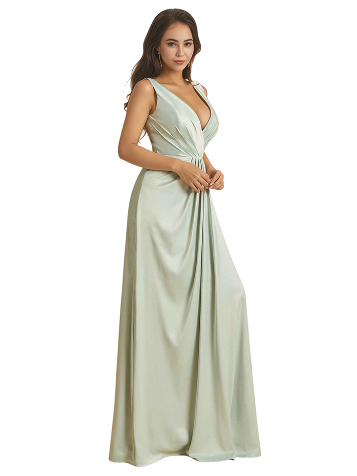 Sexy V-Neck Soft Satin Formal A-Line Long Bridesmaid Dresses Online