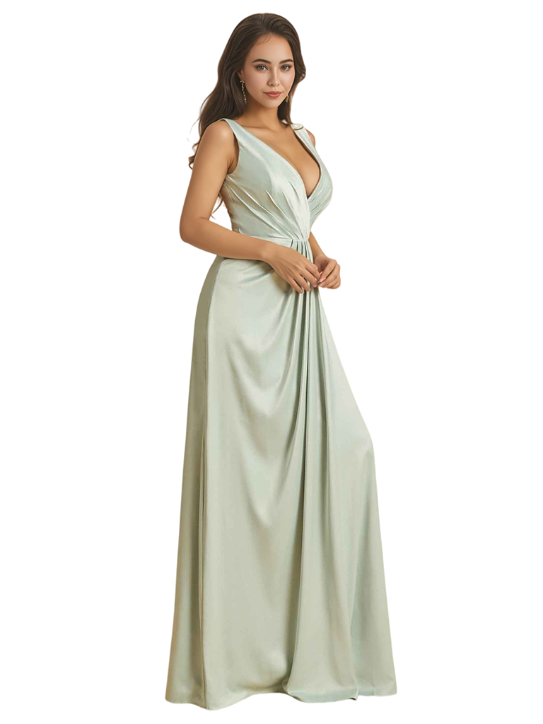Sexy V-Neck Soft Satin Formal A-Line Long Bridesmaid Dresses Online