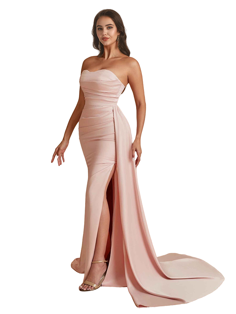 Elegant Silky Satin Sweetheart Strapless Side Split Mermaid Floor Length Bridesmaid Dresses