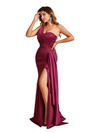 Sexy One Shoulder Mermaid Soft Satin Long Bridesmaid Dresses Side Slit
