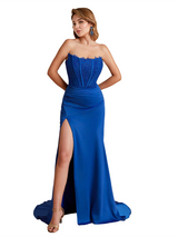 Sexy Strapless Lace Top Soft Satin Mermaid Side Slit Long Bridesmaid Dresses Online