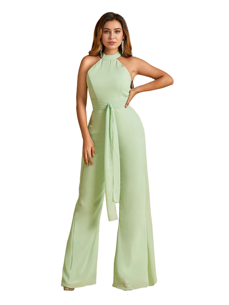 Elegant High Neck Chiffon Long Women's Pantsuit Jumpsuit For Bridesmaids