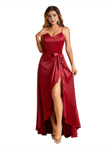 Sexy V-Neck Spaghetti Straps A-Line High Low Soft Satin Long Bridesmaid Dresses