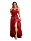 Sexy V-Neck Spaghetti Straps A-Line High Low Soft Satin Long Bridesmaid Dresses