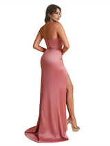 Elegant One Shoulder Mermaid Silky Satin Long Bridesmaid Dresses Online Side Split