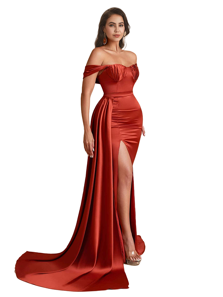 Sexy Off The Shoulder Unique Satin Mermaid Long Bridesmaid Dresses Side Split