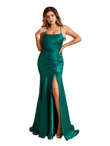 Sexy Mermaid Spaghetti Straps Side Slit Ruched Soft Satin Pretty Long Bridesmaid Dresses