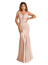 Sexy Deep V-Neck Mermaid Soft Satin Open Back Long Bridesmaid Dresses