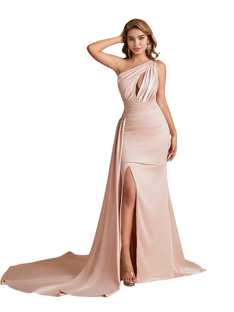 Sexy One Shoulder Soft Satin Mermaid Side Slit Pretty Long Bridesmaid Dresses Online