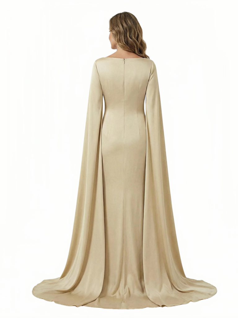 Chicsew Mother of The Groom Dress Elegant Scoop Long Sleeve Satin Unique Classy Formal Wedding Event Gown