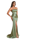 Sexy Strapless Mermaid Ruched Satin Long Bridesmaid Dresses Online Side Split