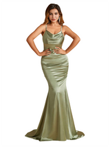 Sexy Cowl Neck Spaghetti Straps Mermaid Soft Satin Open Back Long Bridesmaid Dresses