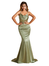Sexy Cowl Neck Spaghetti Straps Mermaid Soft Satin Open Back Long Bridesmaid Dresses