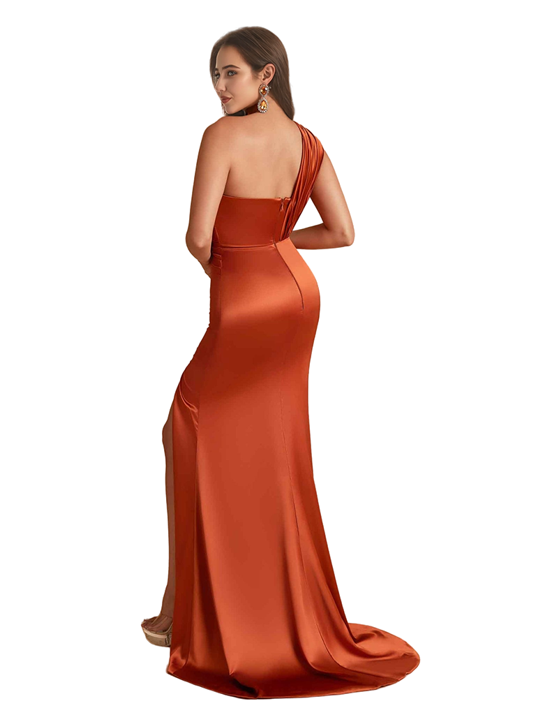 Sexy One Shoulder Mermaid Silky Satin Long Bridesmaid Dresses Side Split