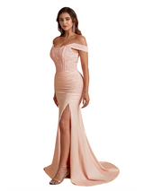 Sexy Off The Shoulder Satin Lace Top Trendy Mermaid Bridesmaid Dresses Online
