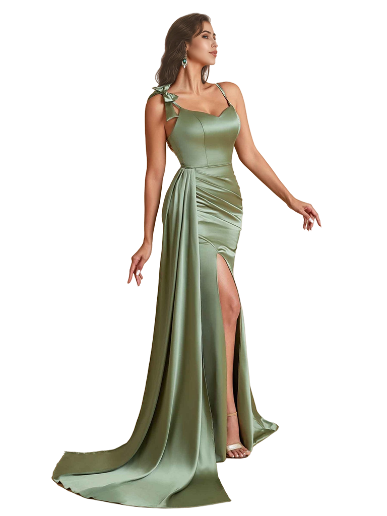 Elegant Mermaid Unique Satin Side Slit Long Bridesmaid Dresses Spaghetti Strap
