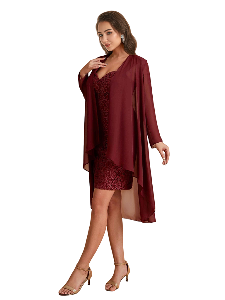 Elegant Lace Sheath Knee Length Midi Mother Of The Bride Dresses With Jacket