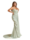 Elegant Spaghetti Straps Mermaid Ruched Satin Long Bridesmaid Dresses Online