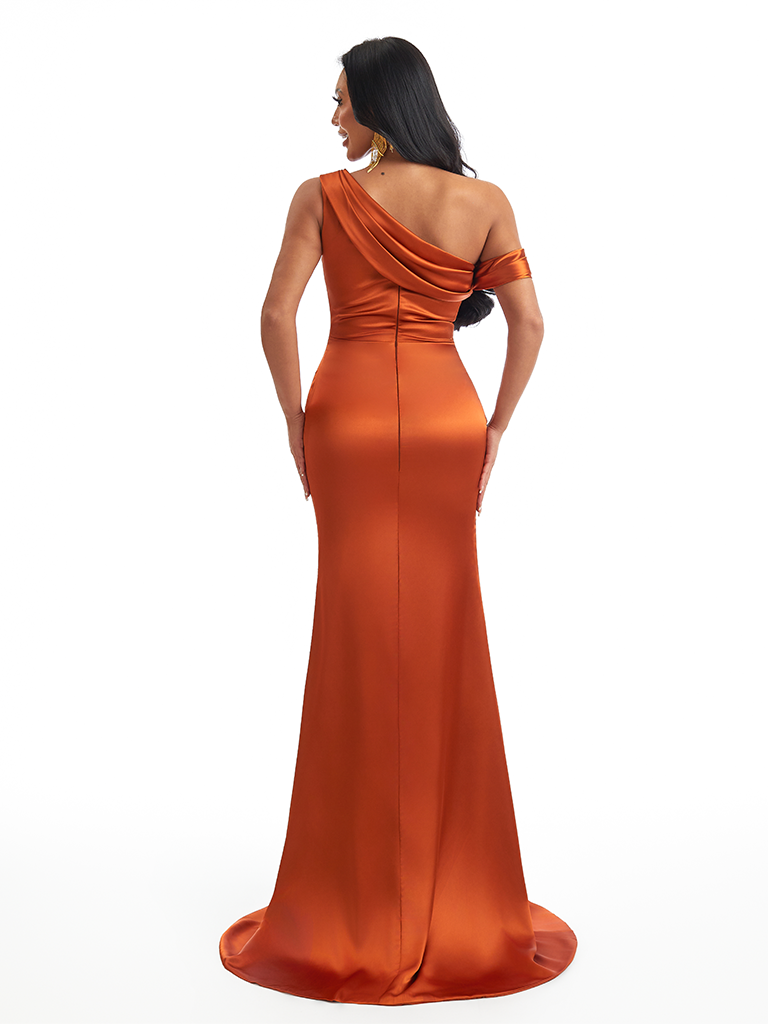 Sexy Asymmetric Mermaid Soft Satin Side Slit Long Bridesmaid Dresses Online