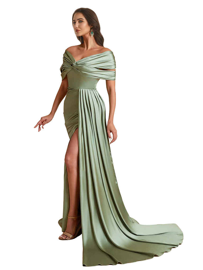 Elegant Off The Shoulder Mermaid Unique Satin Side Split Pleated Long Bridesmaid Dresses