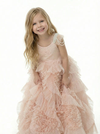 Beautiful Beaded Cap Sleeves Round Neck Lace Ruffle Tulle A-Line Flower Dress For Kids
