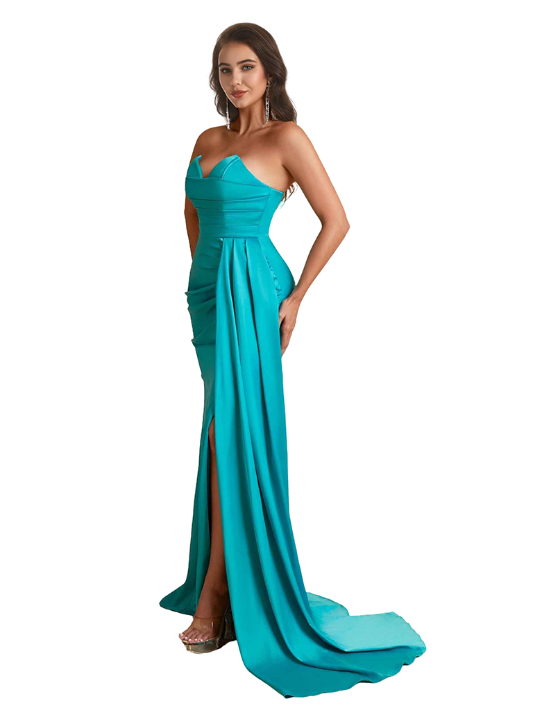 Sexy Sweetheart Mermaid Side Slit Satin Long Bridesmaid Dresses Online