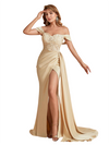 Elegant Silky Satin Off The Shoulder Lace Mermaid Side Slit Long Bridesmaid Dresses Online
