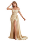 Elegant Silky Satin Off The Shoulder Lace Mermaid Side Slit Long Bridesmaid Dresses Online
